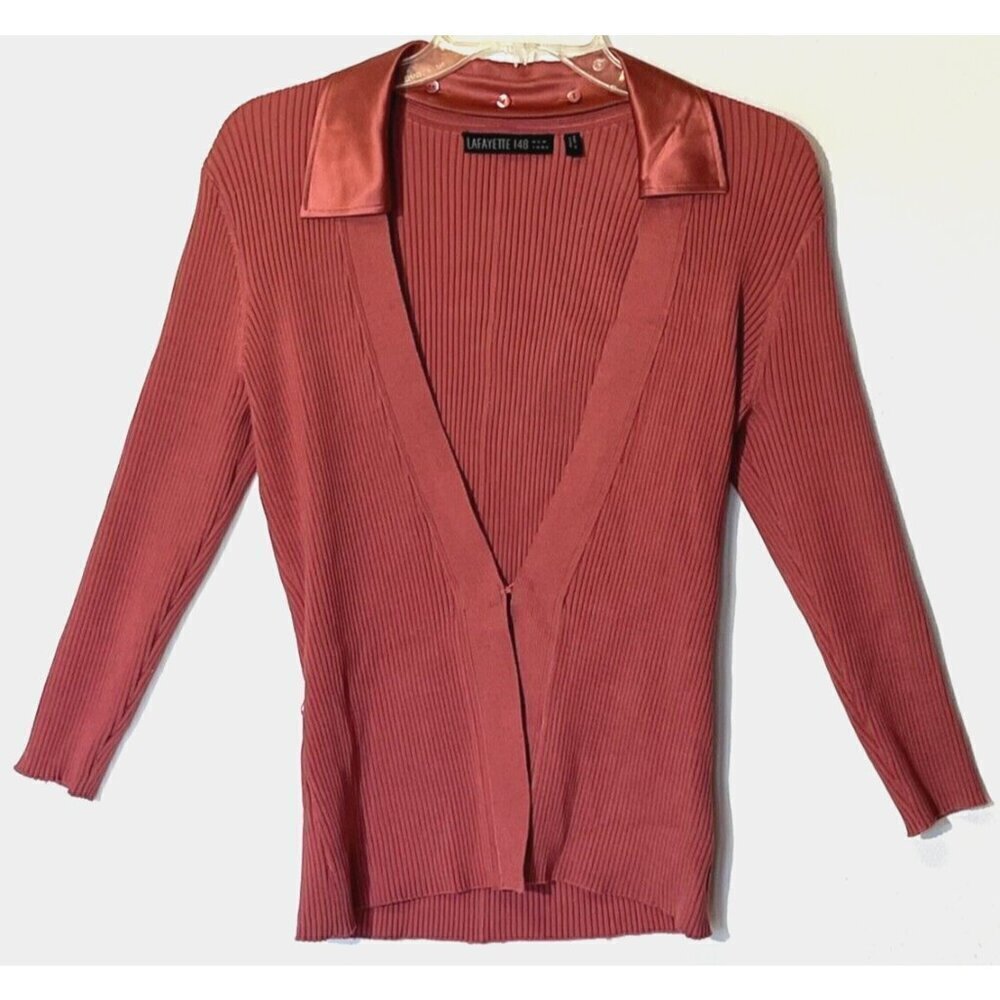 LAFAYETTE 148 NY Pink Stretch Silk Removable Satin Collar Ribbed Cardigan Sz S